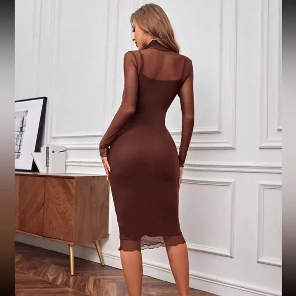 High Neck Mesh Panel Bodycon Slim Fit Midi Dress in Brown - Picture 3 of 6